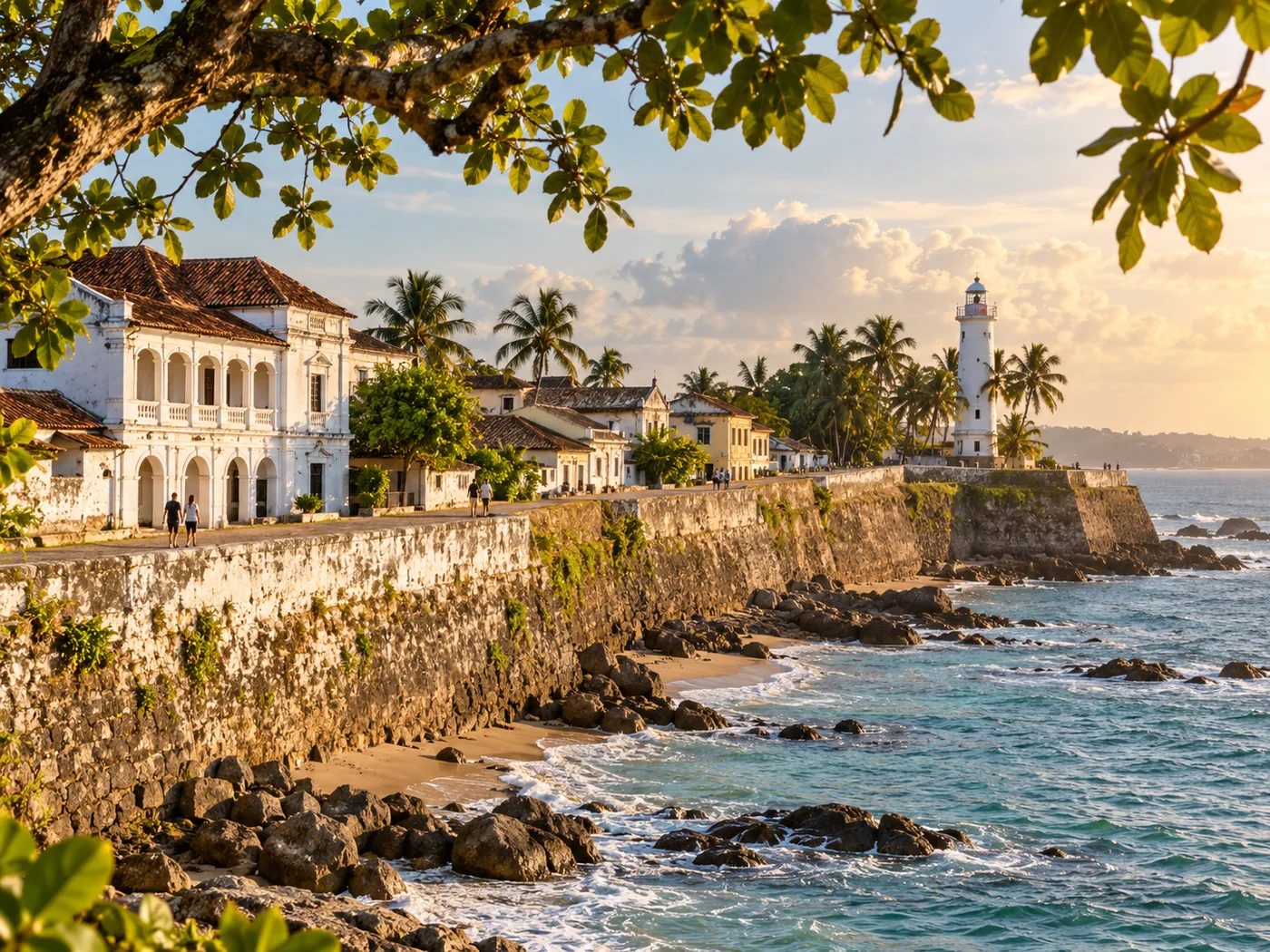 Historic Galle Fort ramparts, lighthouse and Indian Ocean coastline