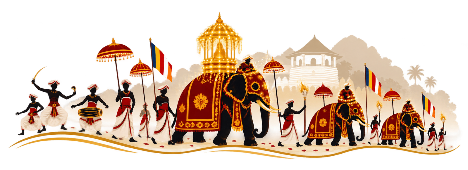Illustration of a Sri Lankan Perahera procession with traditional dancers, drummers, ceremonial elephants and flags