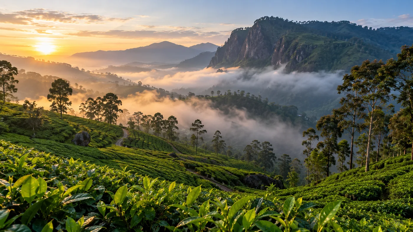 Misty green highlands and tea gardens in the Ella region