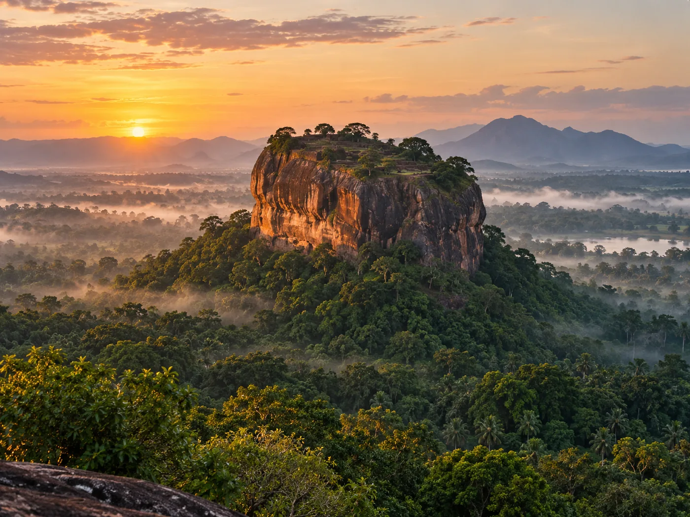 Sigiriya Rock rising above the green Central Province jungle at sunrise