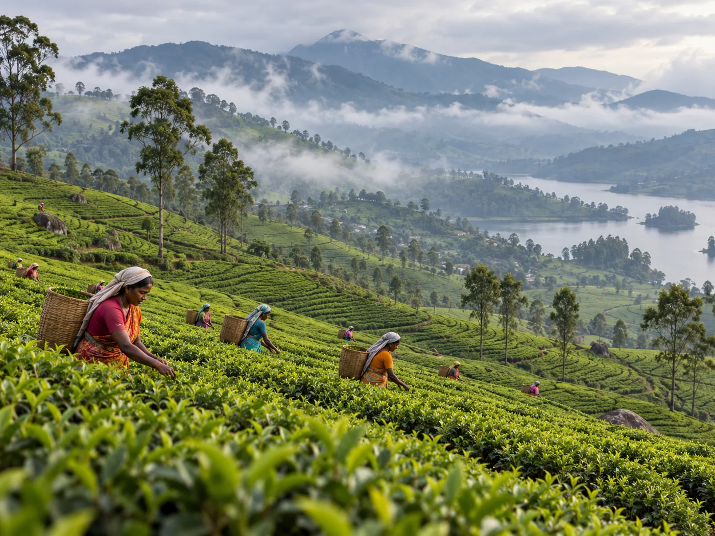 Tea terraces and tea pickers across the misty central highlands